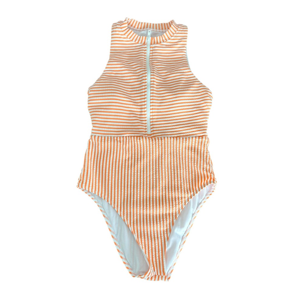 Splendid Orange White Striped Seersucker Zip Front One Piece Swimsuit Womens M